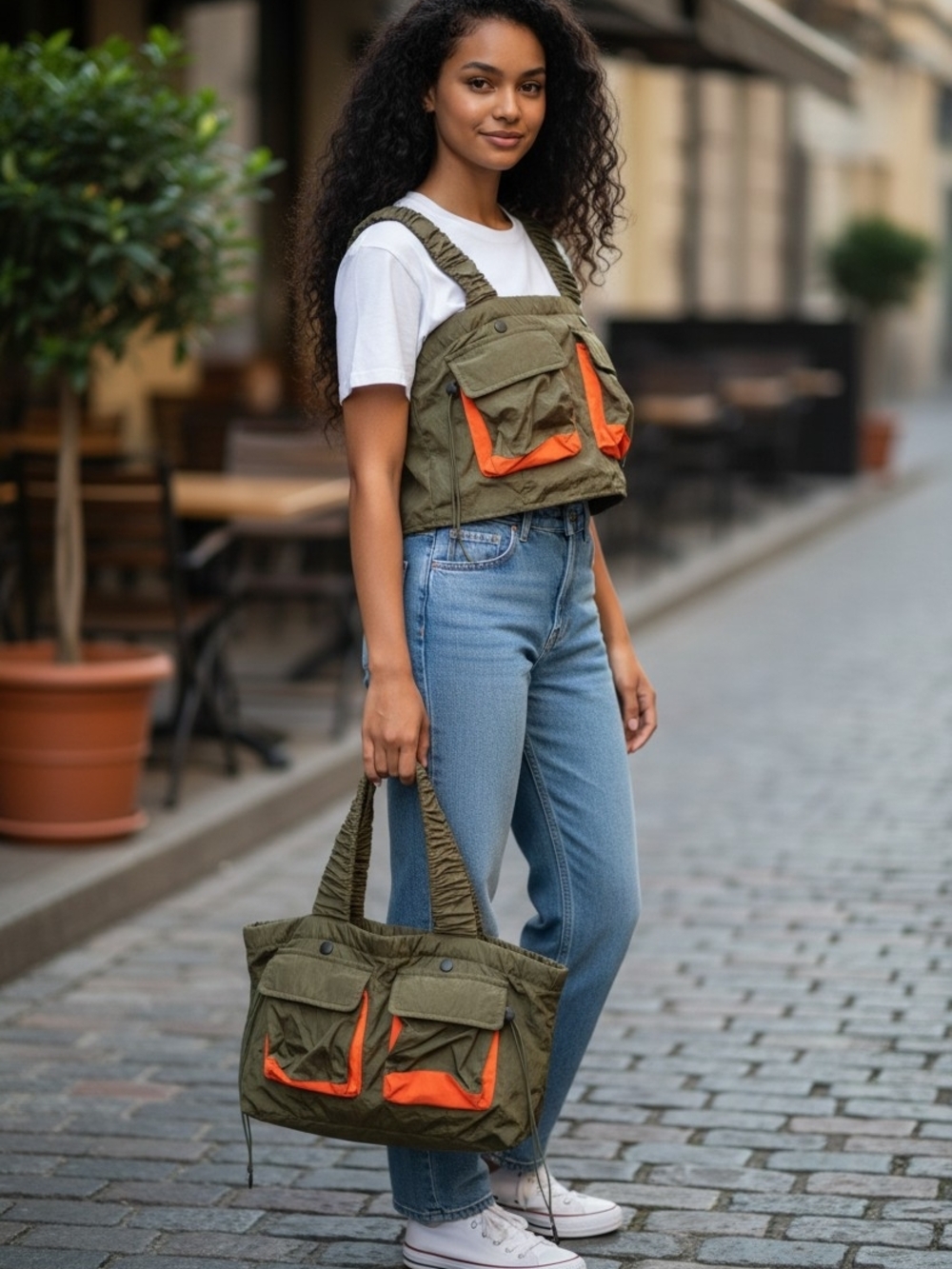 Olive Green Utility and Orange Crop Top (Tote Not Included)